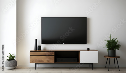 Television put on tv stand wood table, in minimal empty space livingroom room background white wall. generative ai. photo