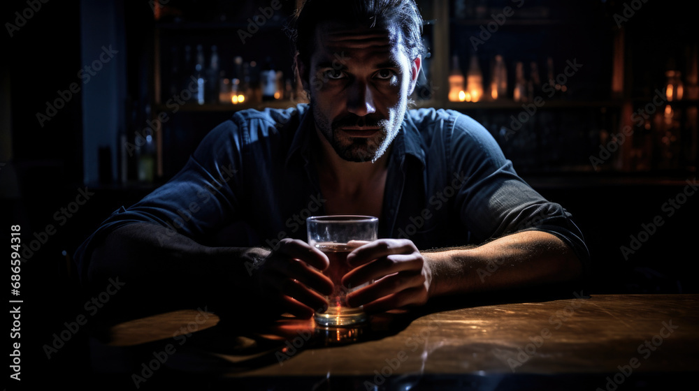 Upset young man drinker alcoholic sitting at bar counter with glass