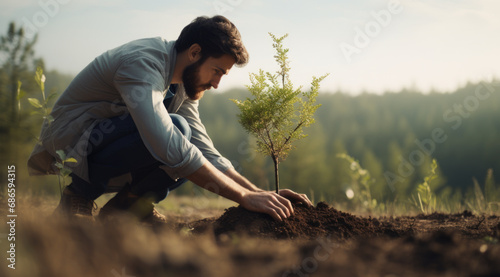 Planting young tree by hand on back soil as care and save wold concept. photo
