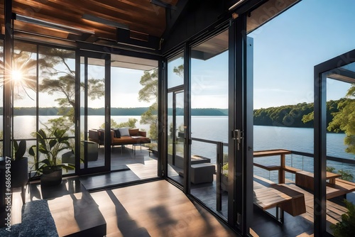 Describe the panoramic views from the windows of a shipping container home, capturing the beauty of a sunlit lakeside landscape