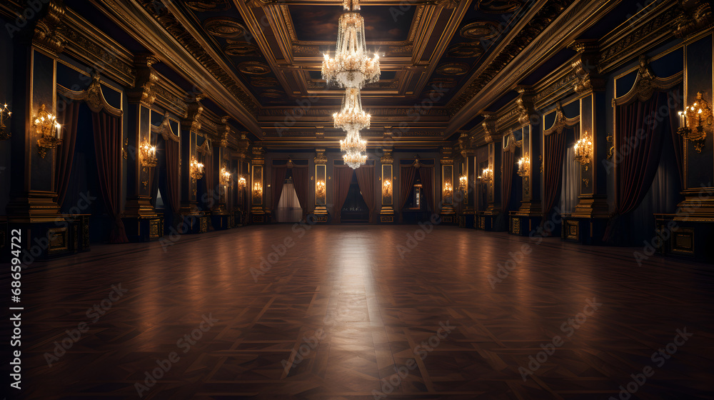long shot palace hall. interior of a historic palace, luxury corridor with a large window and gold ornament.