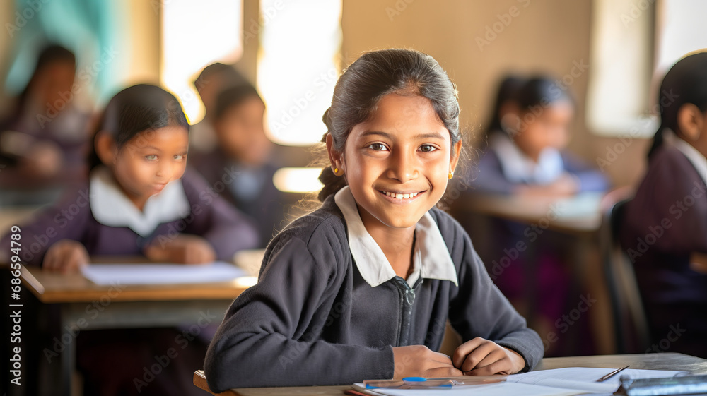 Portrait photo of a 11 year old indian girl in a modern classroom sitting at a school table - obrazy, fototapety, plakaty 