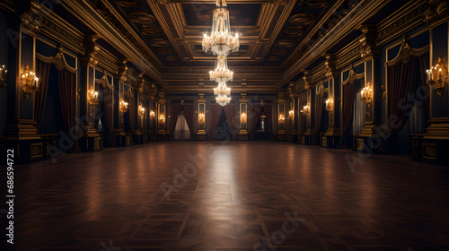 long shot palace hall. interior of a historic palace  luxury corridor with a large window and gold ornament.