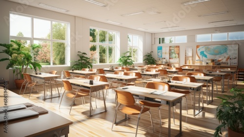 Interior of clean bright classroom in modern school or college. Spacious room with white walls, many comfortable desks, chairs, visual aids, bookshelves, indoor plants, large windows. Empty classroom.