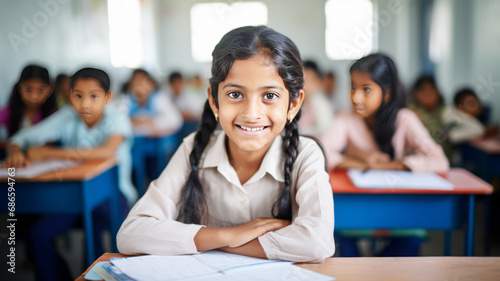 Portrait photo of a 11 year old indian girl in a modern classroom sitting at a school table photo