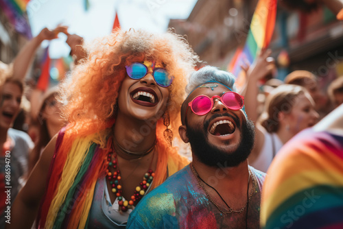 Lovely laughing couple of single gay friends having fun at the LGBTQI pride parade photo
