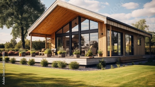 Modern wooden cottage in beautiful nature, luxurious eco-style chalet with panoramic glazing. Spacious terrace, well-groomed lawn with trimmed bushes. Contemporary architecture and design. © Georgii