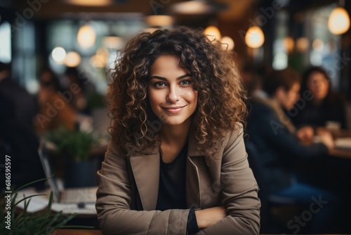Portrait of focused young lady manager in casual outfit sitting in front of laptop computer. Beautiful Caucasian girl in a city cafe or coworking space. Women in business  remote job.