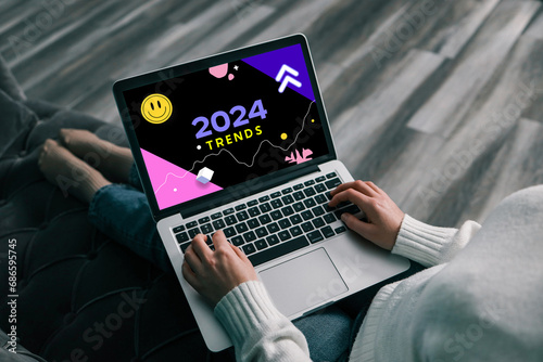 2023 year trends in laptop screen. New year trends in design, business, marketing photo