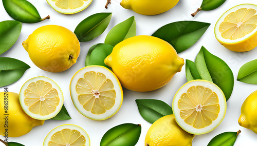 Lemon fruit with green leaves - set composition of food photography