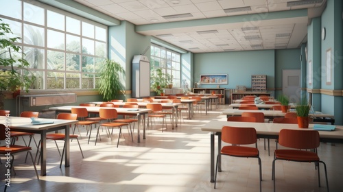 Interior of clean bright classroom in modern school or college. Spacious room with light blue walls, many desks, chairs, visual aids, bookshelves, indoor plants, large windows. Empty classroom.