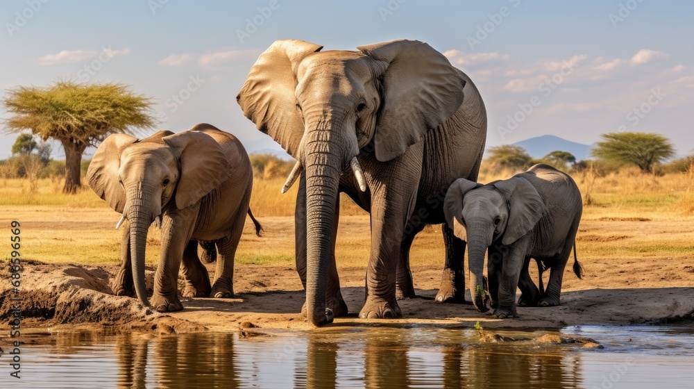 Fototapeta premium A family of elephants at a watering hole