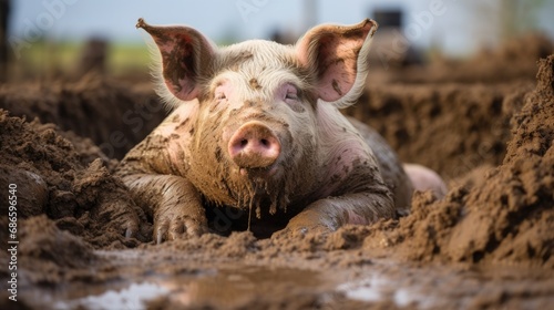 A content pig enjoying a lazy afternoon in a rustic mud bath photo