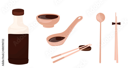 Chinese chopsticks vector stock illustration. Wooden spoon for soup and rice. Traditional Cutlery in East Asia (Japan, China, Korea, Vietnam). Isolated on a white background.
