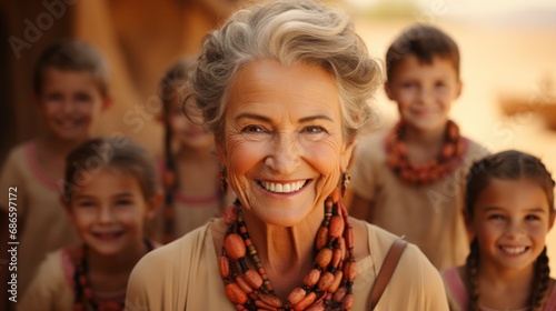 Aged caucasian woman looking at camera toothy smiling standing against group of children, summer camp for kids, leisure. Senior female babysitter happy to entertain children. Writer of children books photo