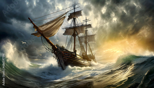 Leinwand Poster Bottom view of an old wooden sailing ship braving the waves of a wild stormy sea, in the background dramatic sky with storm clouds at sunrise or sunset