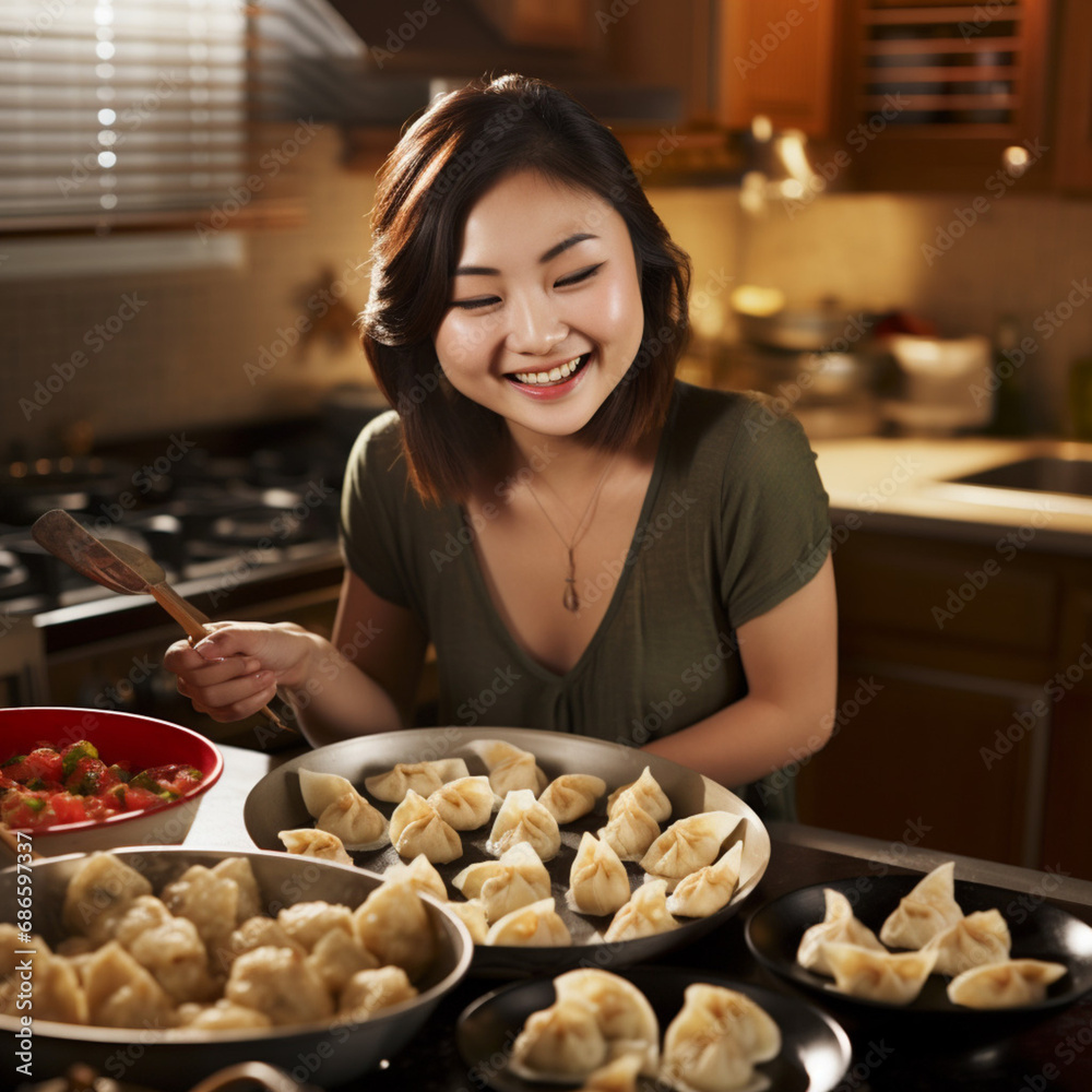 Asian woman cooking dumplings.