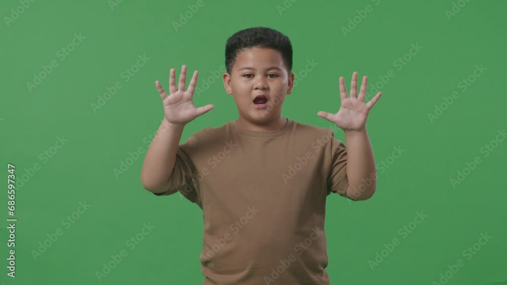 An Asian Boy Showing Gesture Hands Palm Saying Wow In The Green Screen Studio
An Asian Boy Showing Gesture Hands Palm Saying Wow In The Green Screen Studio