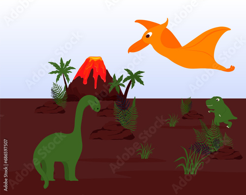 Dinosaurs are a diverse group of reptiles of the clade Dinosauria.Jurassic period, Cretaceous period. Vector stock illustration. Panorama.