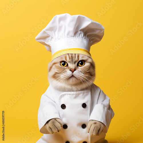 Cat dressed as a chef on a yellow background.
