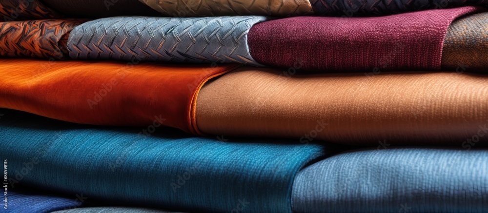 Close up of multi colored fabric rolls revealing convoluted samples of furniture upholstery Close up of multi colored fabric rolls revealing convoluted samples of furniture upholstery