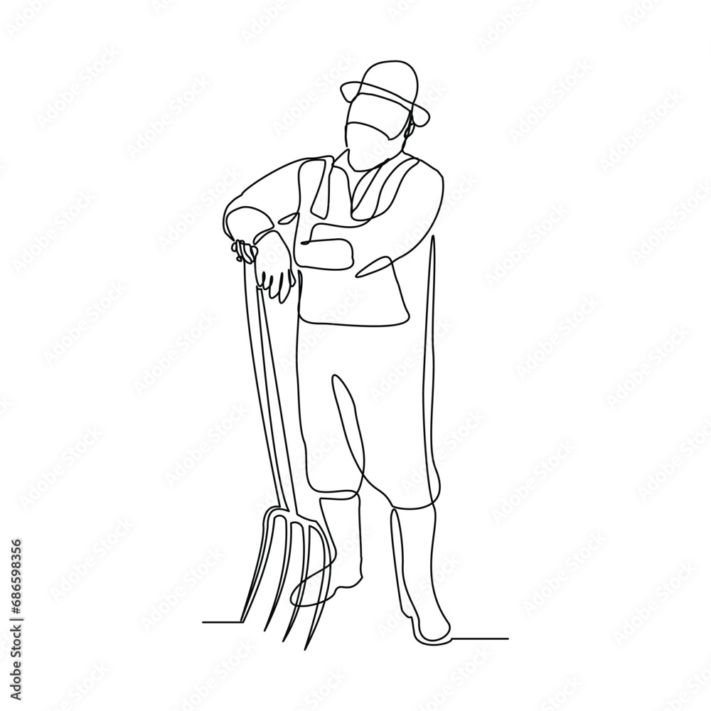 Continuous single line sketch drawing of farmer man worker holding fork farming tool. One line art of occupation professional worker vector illustration