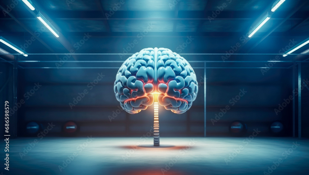 Human brain with blue glowing lighting neon power in the laboratory background. Lab experiment and memory and mind training brainstorming and mindset education concept. - obrazy, fototapety, plakaty 