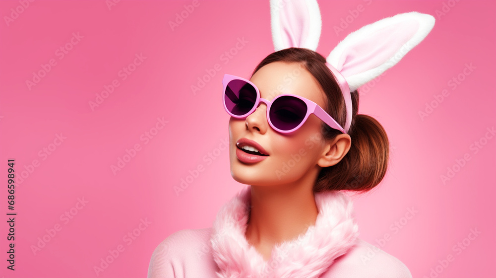 Woman wearing bunnyears headband and glasses on isolated pink background - ai generative - obrazy, fototapety, plakaty 