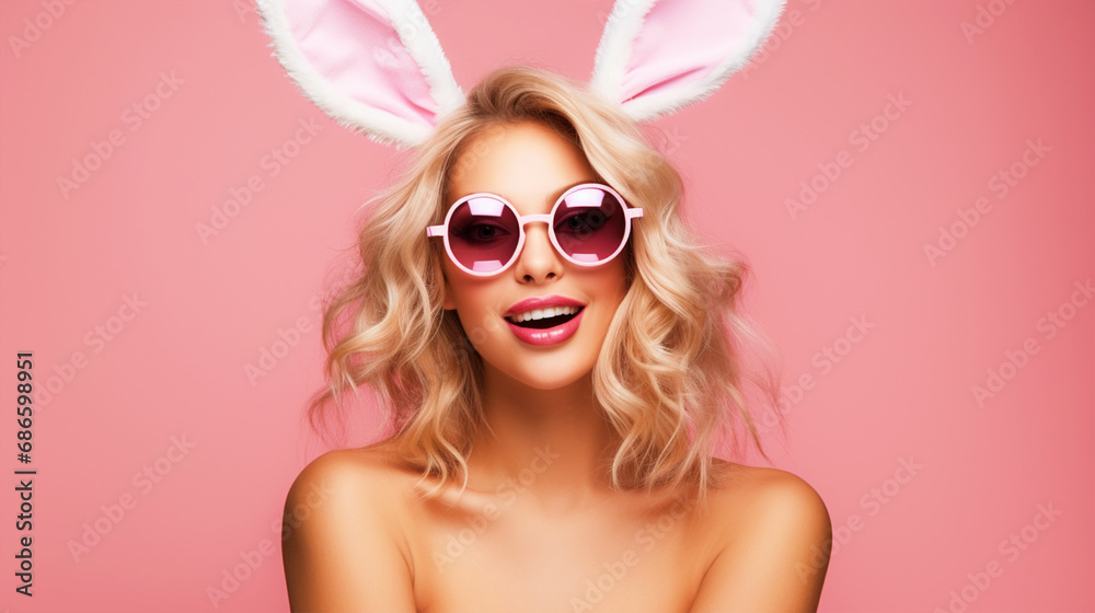 Woman wearing bunnyears headband and glasses on isolated pink background - ai generative Woman wearing bunnyears headband and glasses on isolated pink background - ai generative
