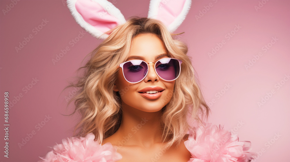 Woman wearing bunnyears headband and glasses on isolated pink background - ai generative