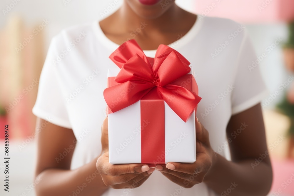 Portrait unrecognizable young African American female woman lady holding giving gift box present red bow blurred Black Friday celebration congratulations greeting sale festive surprise packaging decor Portrait unrecognizable young African American female woman lady holding giving gift box present red bow blurred Black Friday celebration congratulations greeting sale festive surprise packaging decor