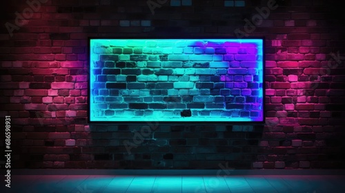 Neon brick wall with a vibrant fluorescent frame sets the stage. Trendy nightlife vibes captured in a dynamic visual symphony. © pvl0707