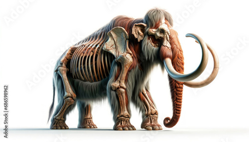 Wild prehistoric woolly mammoth figure anatomycal in white background. Illustration of Mammoth represented with bones skin and muscle. Generative AI