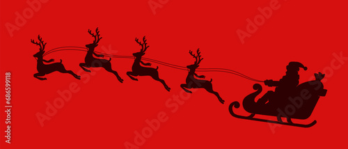 Vector Christmas black and red illustration with Santa Claus riding his sleigh pulled by reindeer silhouette. photo