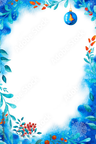 Watercolor Christmas frame with blue leaves and holly berries.