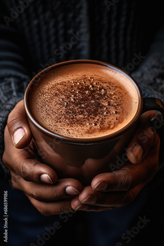 Closeup of a female hands holding a cup of hot chocolate.
