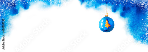 Watercolor Christmas frame with blue ball isolated on white.