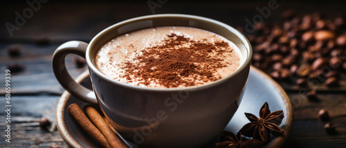 Cup of hot chocolate with cinnamon and anise on wooden background.