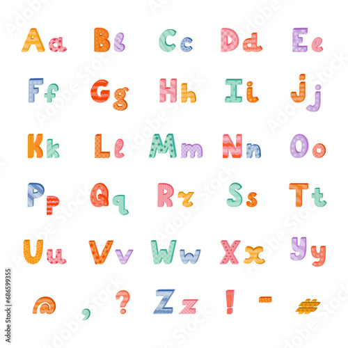 Cute funky 3d alphabet set with memphis decoration. Patterned bold font with shadow. Funny latin ABC with uppercase and lowercase letters, punctuation marks for book cover, logotype, festival headline