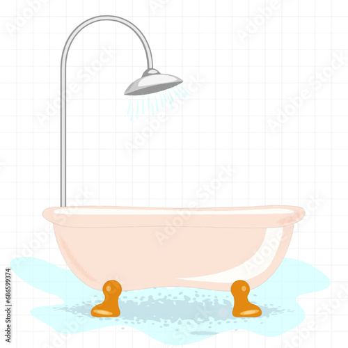 Pink Bathtub with foam bubbles inside and bath yellow rubber duck isolated on blue background. Bath time in flat style vector illustration