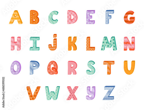Cute funky 3d alphabet set with memphis decoration. Patterned bold font with shadow. Funny latin ABC with uppercase letters for book cover, logotype, festival headline, greeting card, poster design.