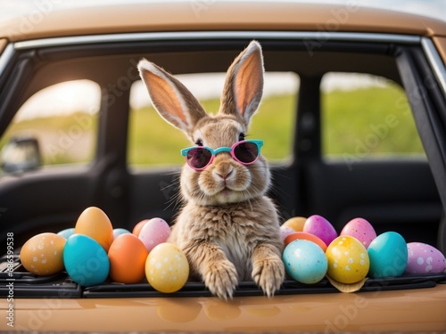 Happy Easter bunny in colorful glasses drive, AI generated © Mystery