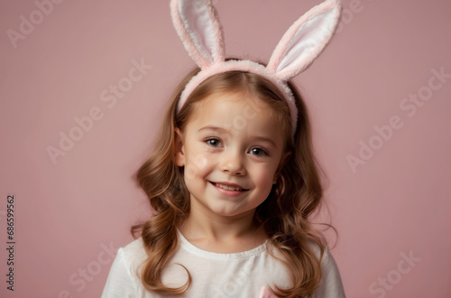 Cute little girl with bunny ears on pink background. AI generated