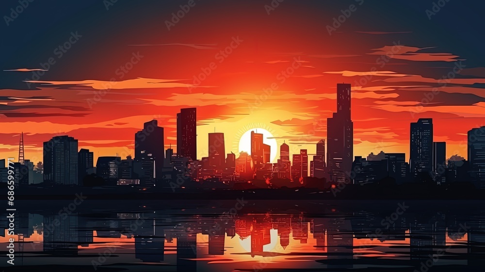 The contrasts of the city are the silhouette of the building against the backdrop of a bright sunse