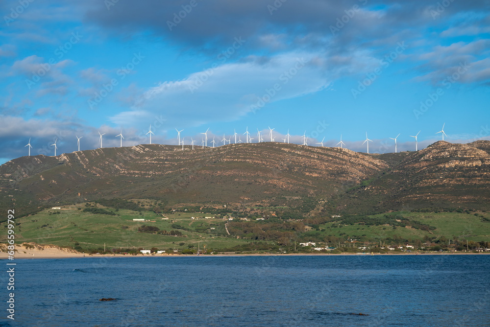 Wind turbines on a mountain by the sea