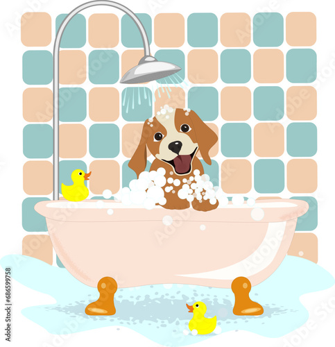 Dog in the bath.Pink Bathtub with foam bubbles inside and bath yellow rubber duck isolated on blue background. Bath time in flat style vector illustration