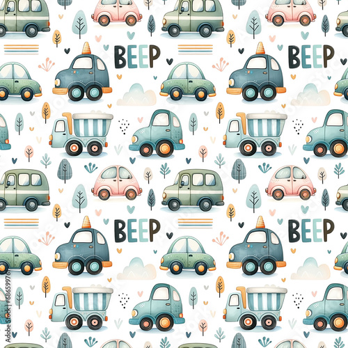 Watercolor childish seamless pattern with various cars and 