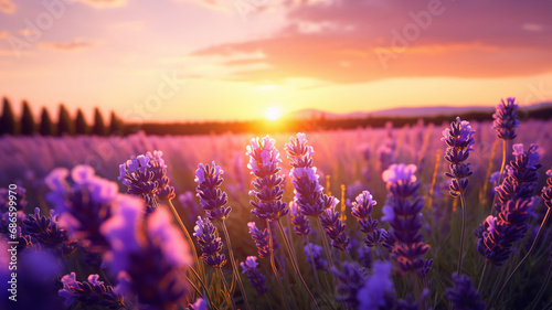 Sunset over a vibrant lavender field with a hot air balloon aloft, depicting serene, picturesque beauty.