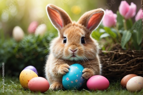 Happy Easter bunny with many colorful Easter egg. AI generated