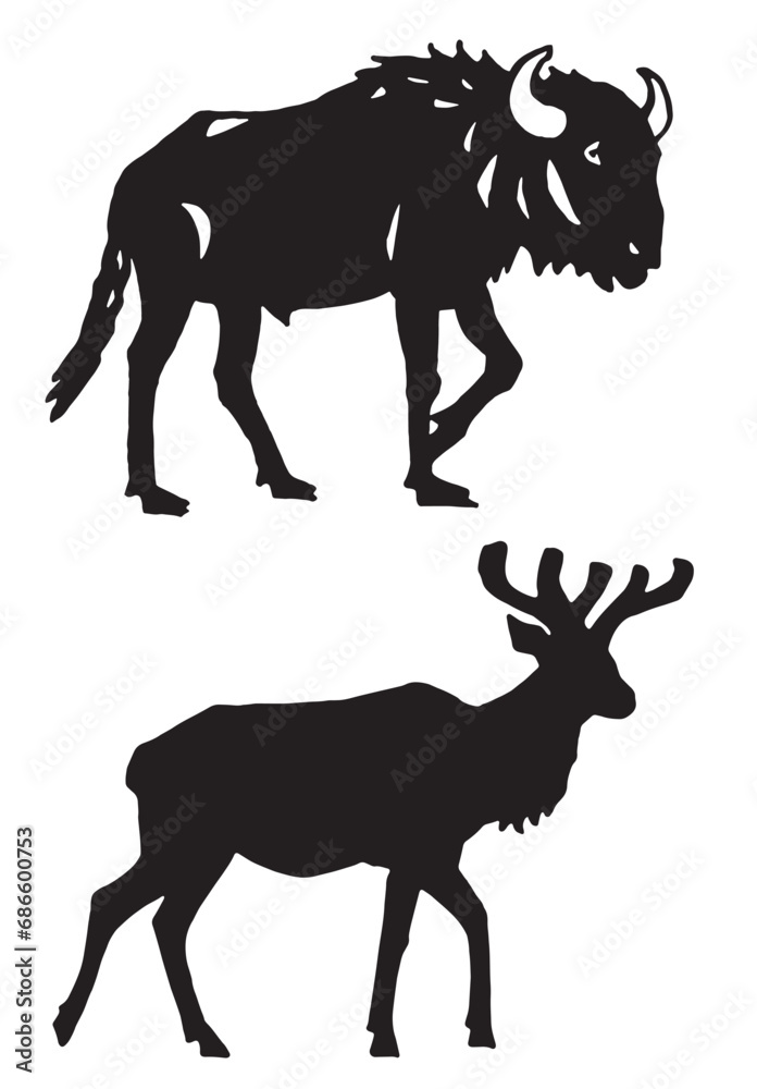 Fototapeta premium Graphical silhouette of deer and bull on white background,vector illustration